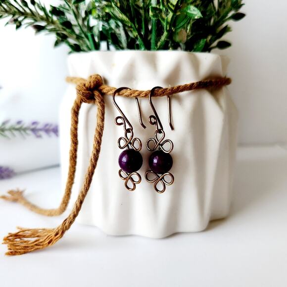Purple Dyed Quartz Stone Beads Copper Wire Wrap Drop Earrings - Picture 8 of 10